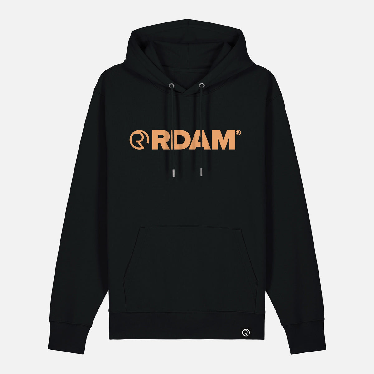 RDAM® Iconic Essential hoodie op zwart met Soft Orange opdruk