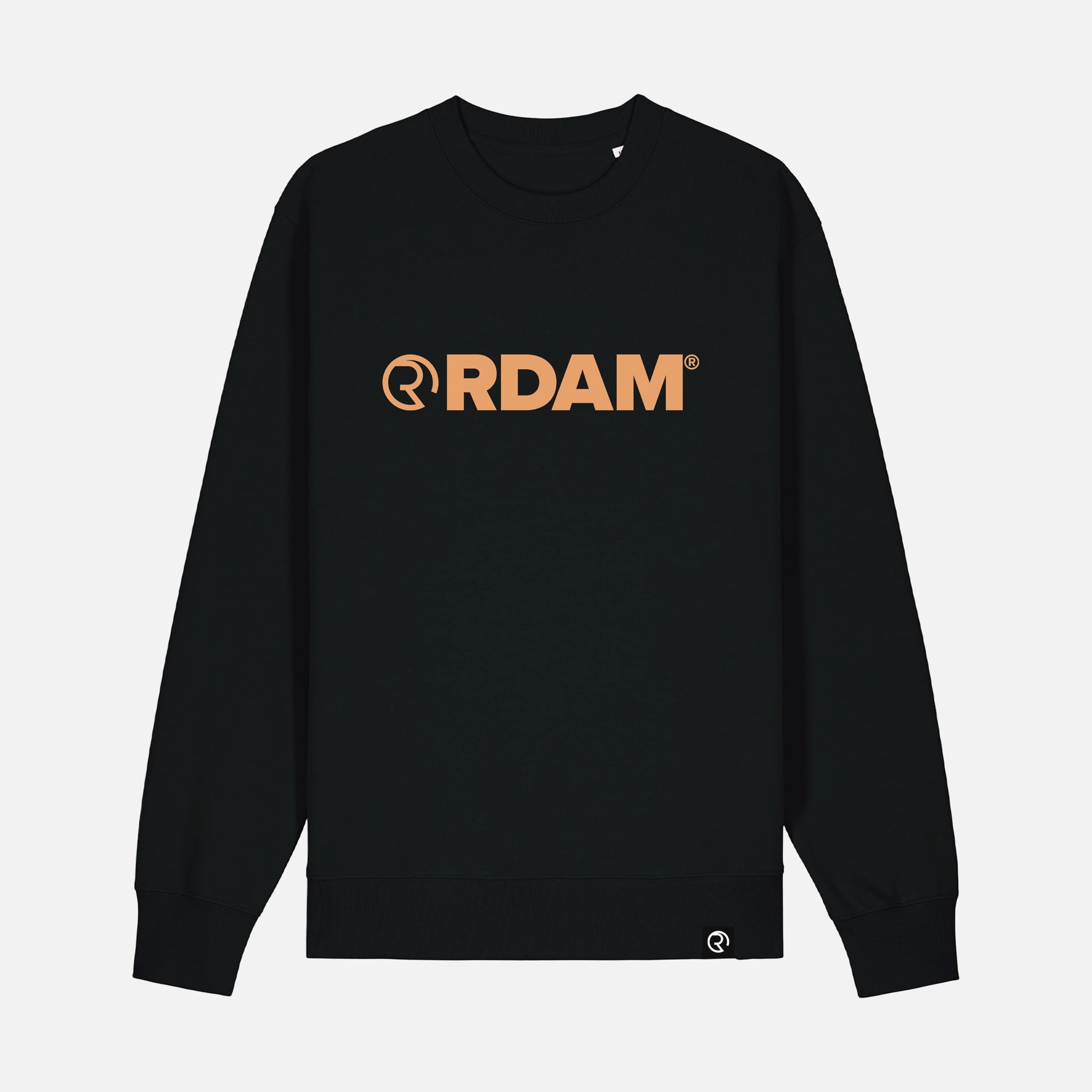 RDAM® Iconic Essential sweater op zwart met Soft Orange opdruk