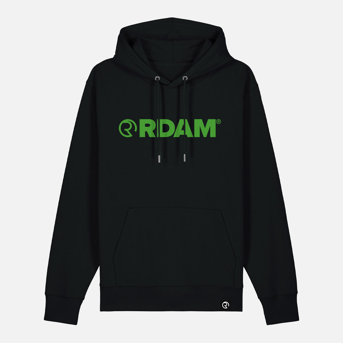 RDAM® Iconic Essential hoodie op zwart met 010Groen opdruk
